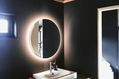 dark vanity with led mirror