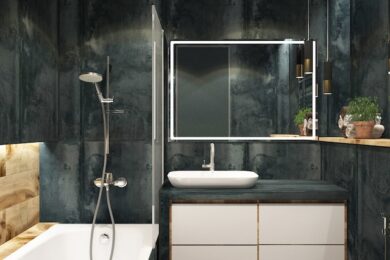 dark bathroom with floating vanity